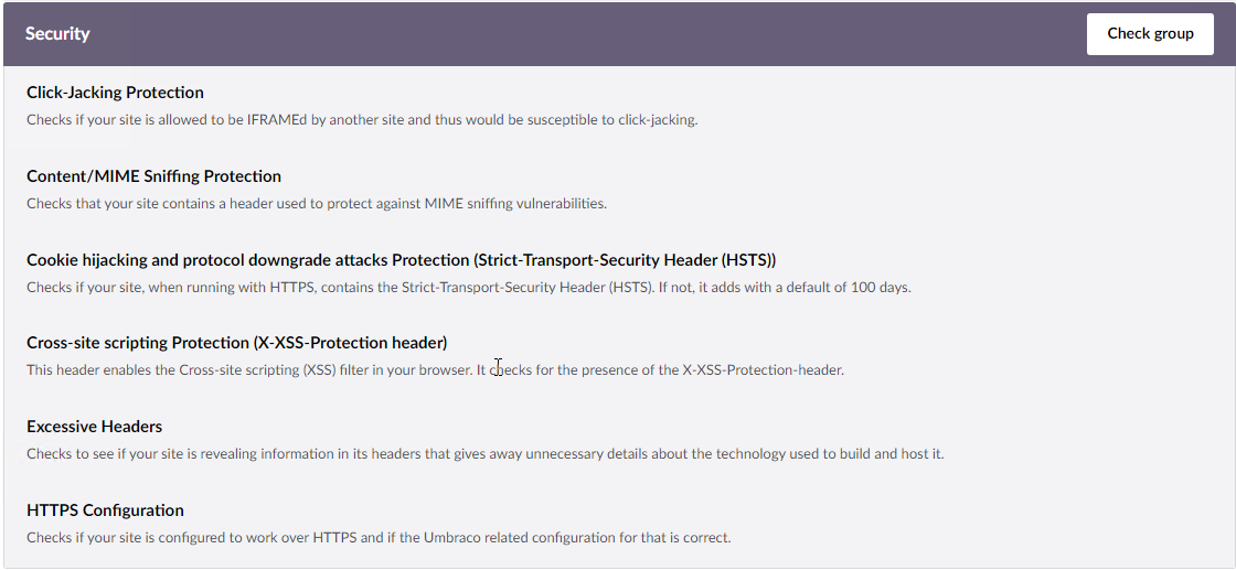 Figure 7: Health Check security area overview